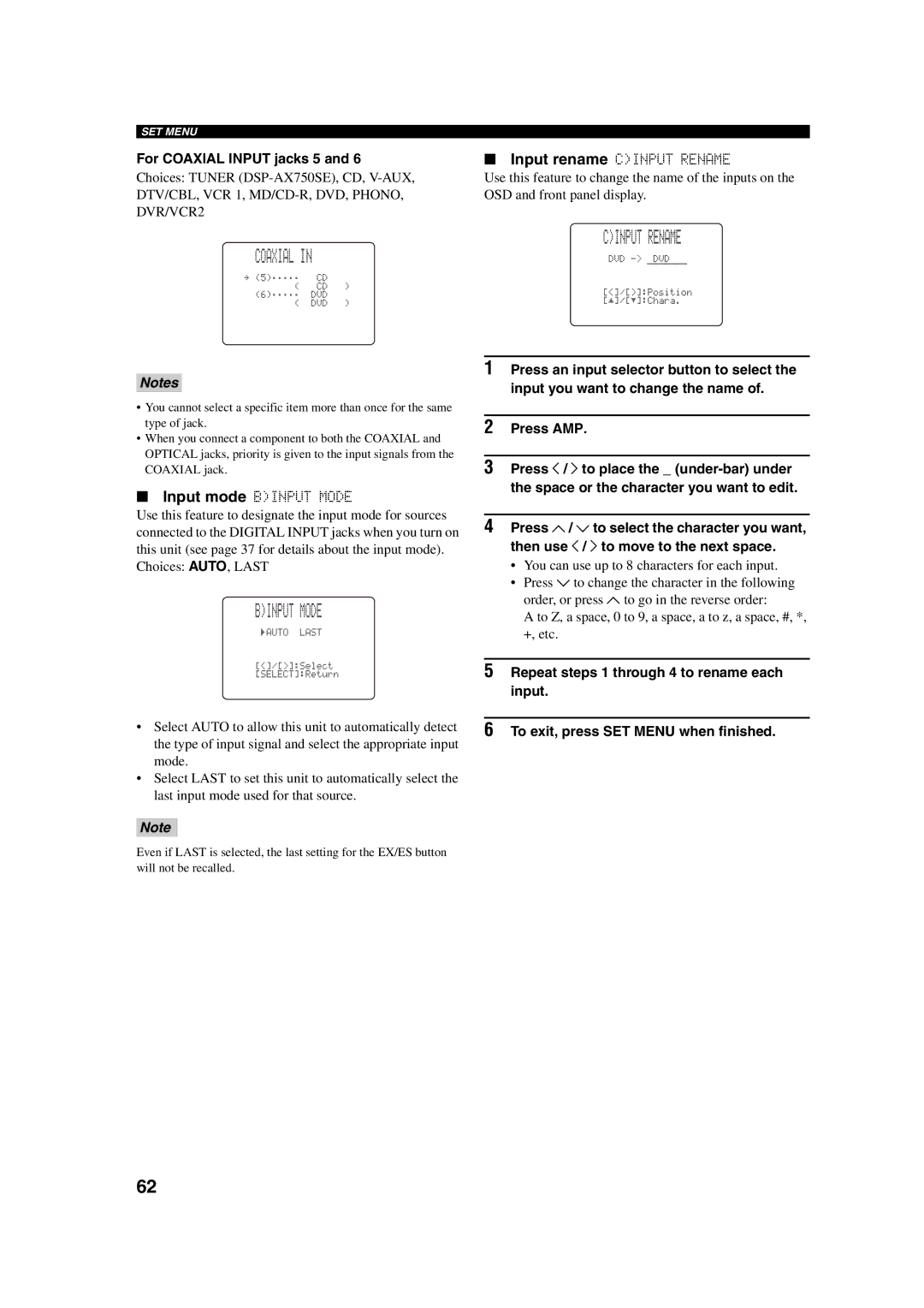 ION RX-V750, DSP-AX750SE owner manual Binput Mode, Cinput Rename, For Coaxial Input jacks 5 