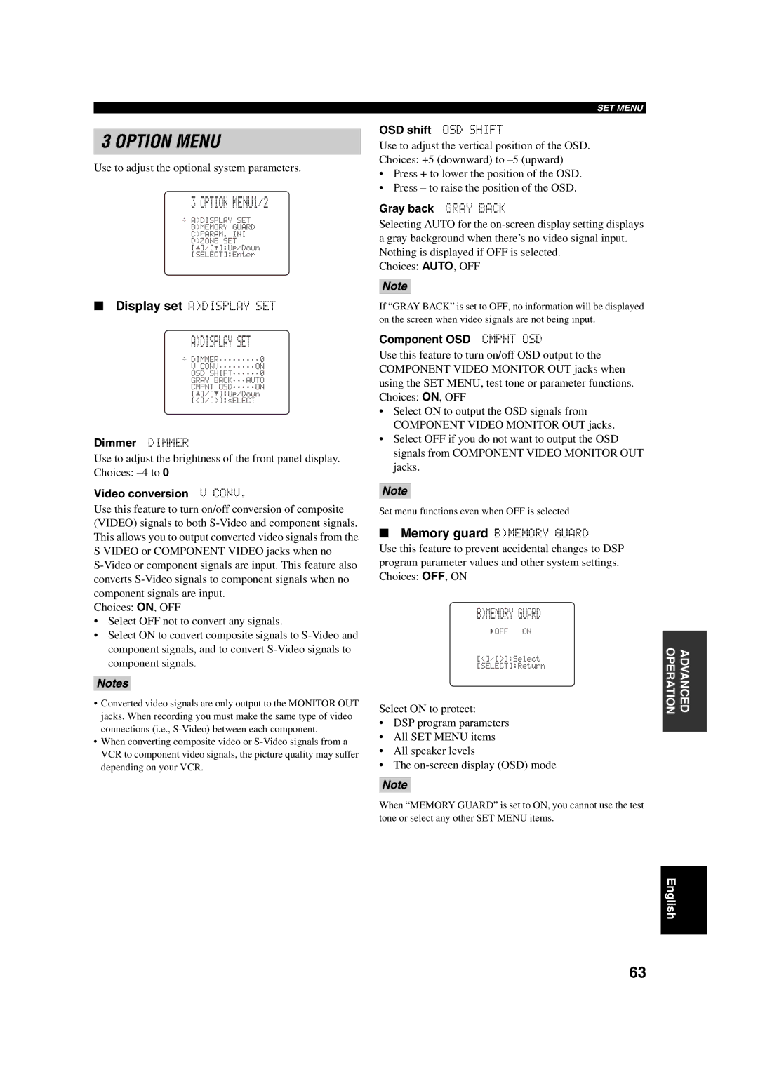 ION DSP-AX750SE, RX-V750 owner manual Option MENU1/2, Adisplay SET, Bmemory Guard 