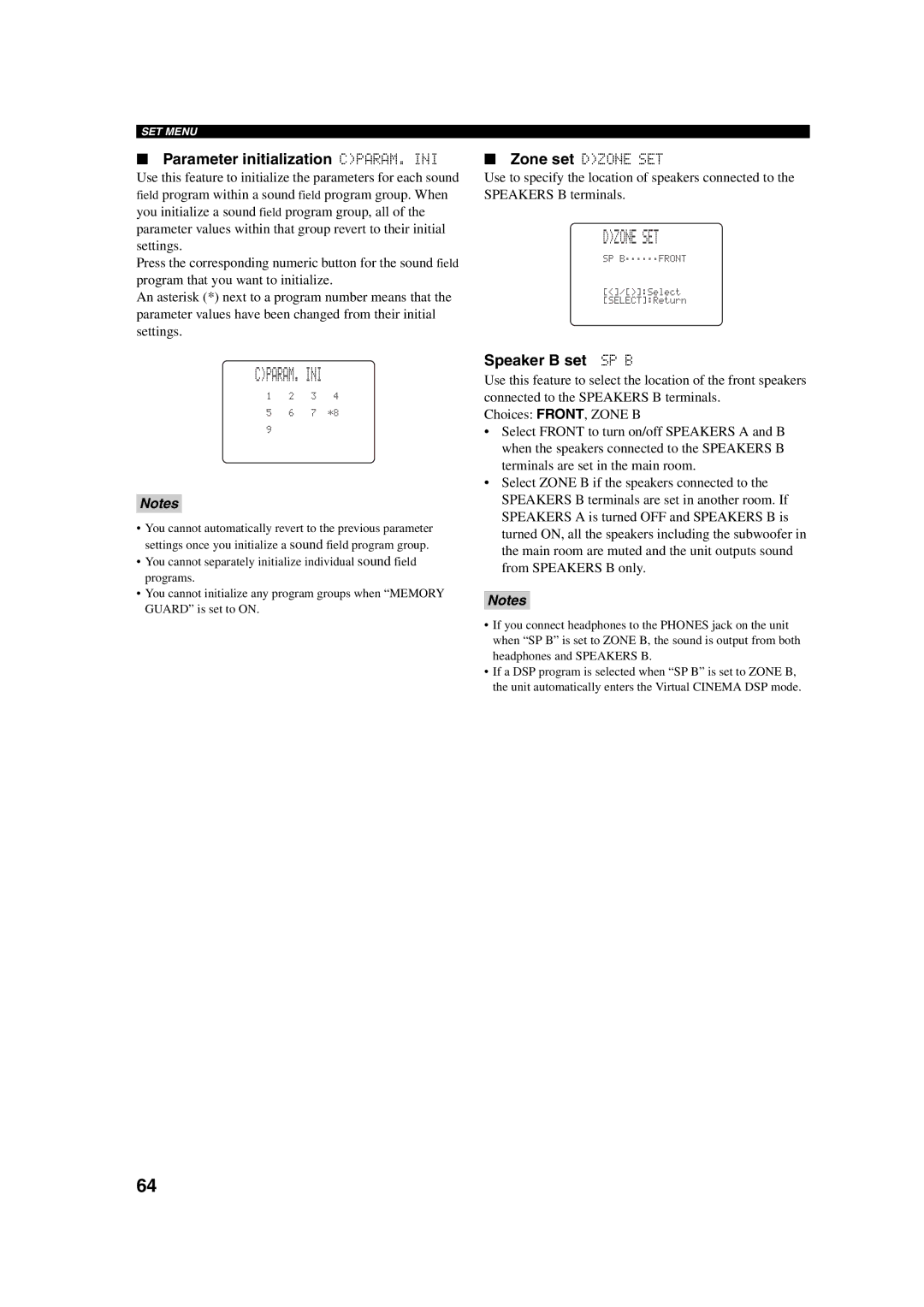 ION RX-V750, DSP-AX750SE Cparam. Ini, Parameter initialization CPARAM. INI, Speaker B set SP B, Zone set Dzone SET 