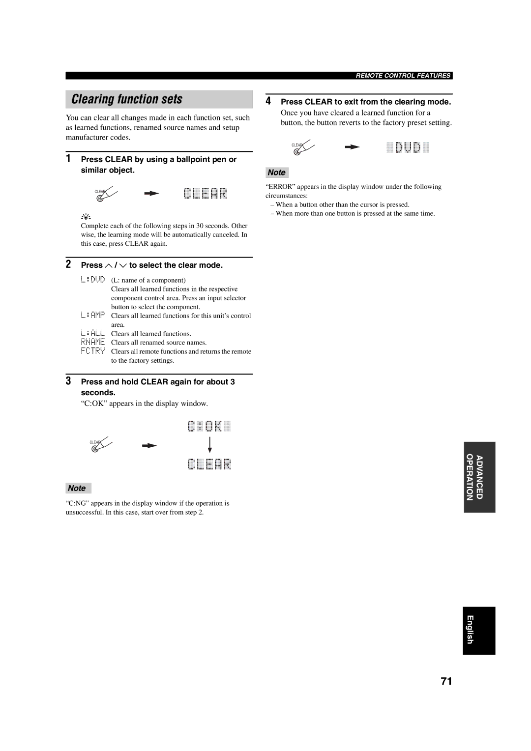 ION DSP-AX750SE, RX-V750 owner manual Clearing function sets, Press Clear by using a ballpoint pen or similar object 