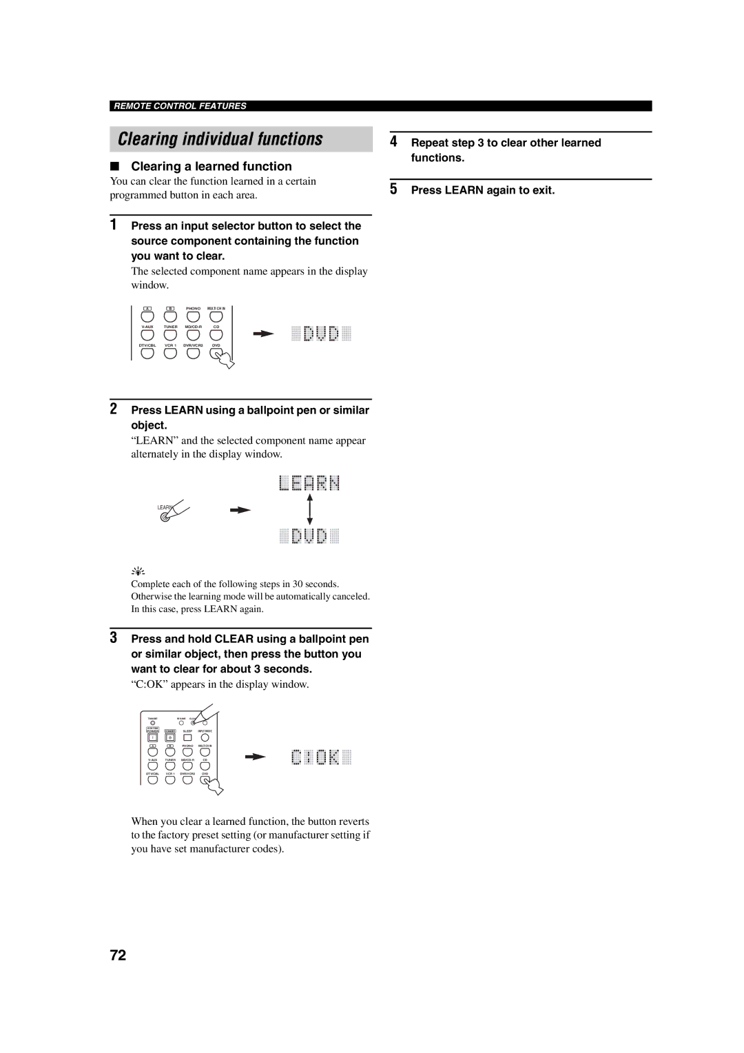 ION RX-V750, DSP-AX750SE owner manual Clearing individual functions, Clearing a learned function 