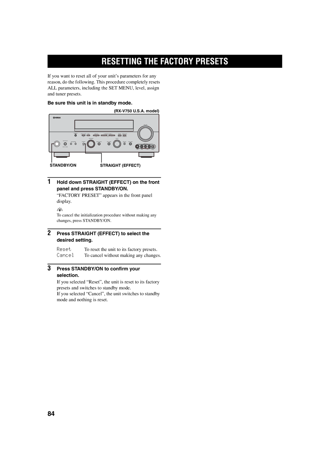 ION RX-V750, DSP-AX750SE owner manual Resetting the Factory Presets, Be sure this unit is in standby mode 