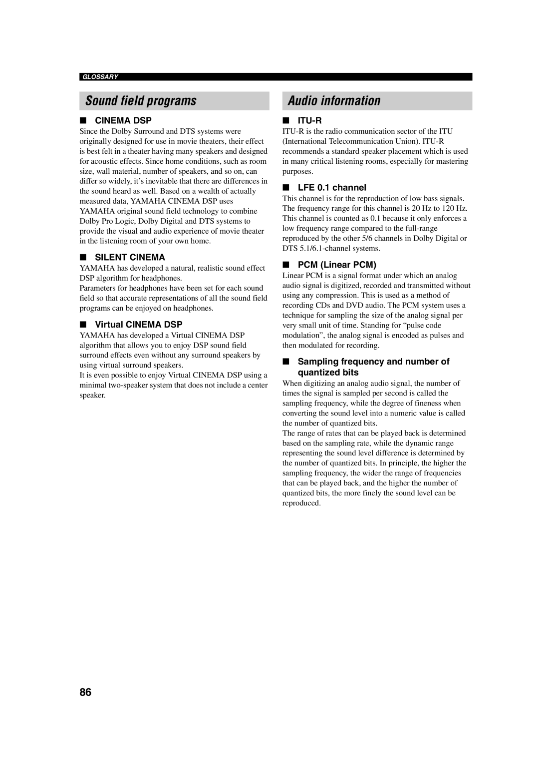 ION RX-V750, DSP-AX750SE owner manual Sound field programs, Audio information, LFE 0.1 channel, PCM Linear PCM 