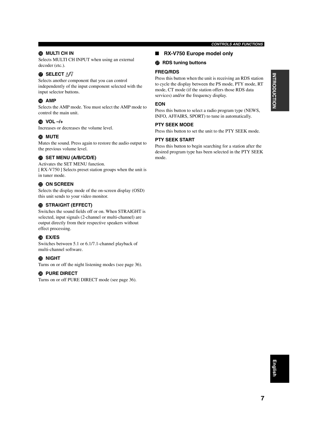 ION DSP-AX750SE, RX-V750 owner manual Select k/n, Vol -/+, RDS tuning buttons 