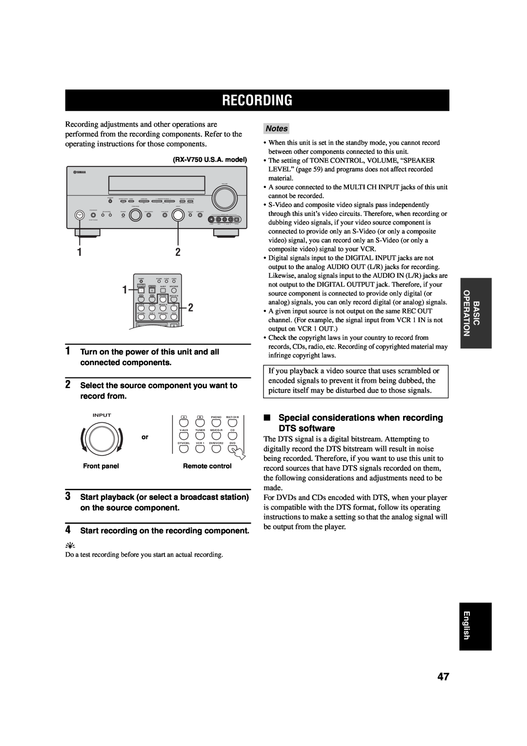 ION DSP-AX750SE, RX-V750 owner manual Recording, Special considerations when recording, DTS software, Notes 