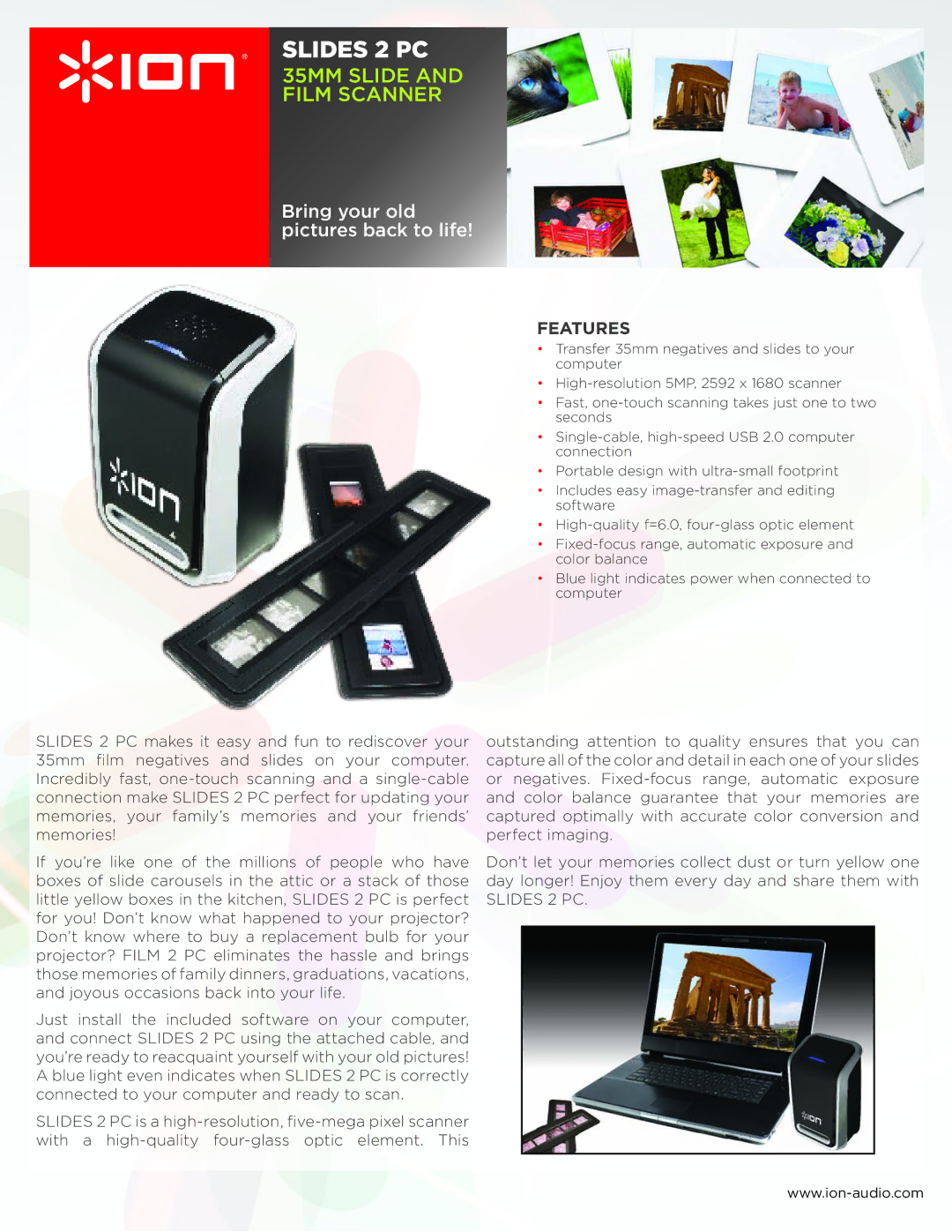 ION SLIDES2PC manual Slides 2 PC, 35MM Slide and Film Scanner, Bring your old pictures back to life, Features 