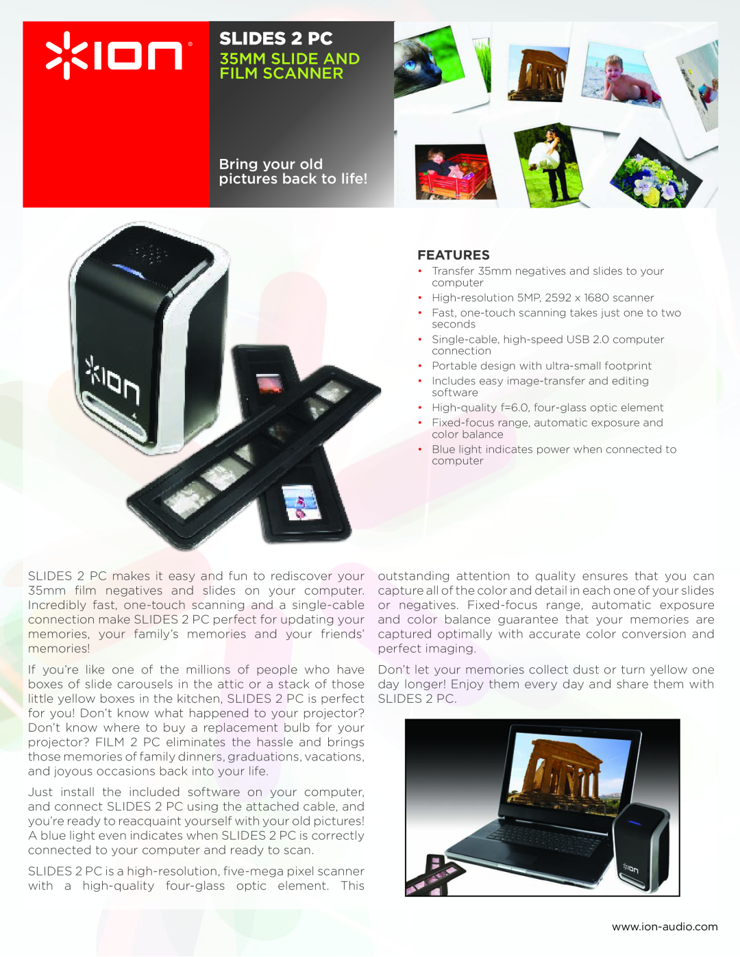 ION SLIDES2PC manual SLIDES 2 PC, 35MM SLIDE AND FILM SCANNER, Bring your old pictures back to life, Features 