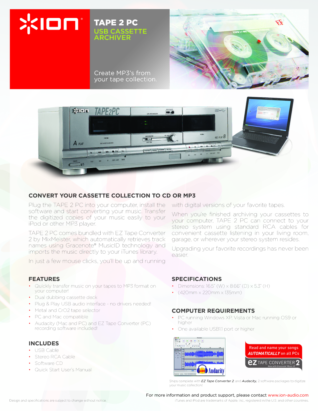 ION TAPE2PC specifications Tape 2 PC, USB Cassette archiver, Create MP3’s from your tape collection 