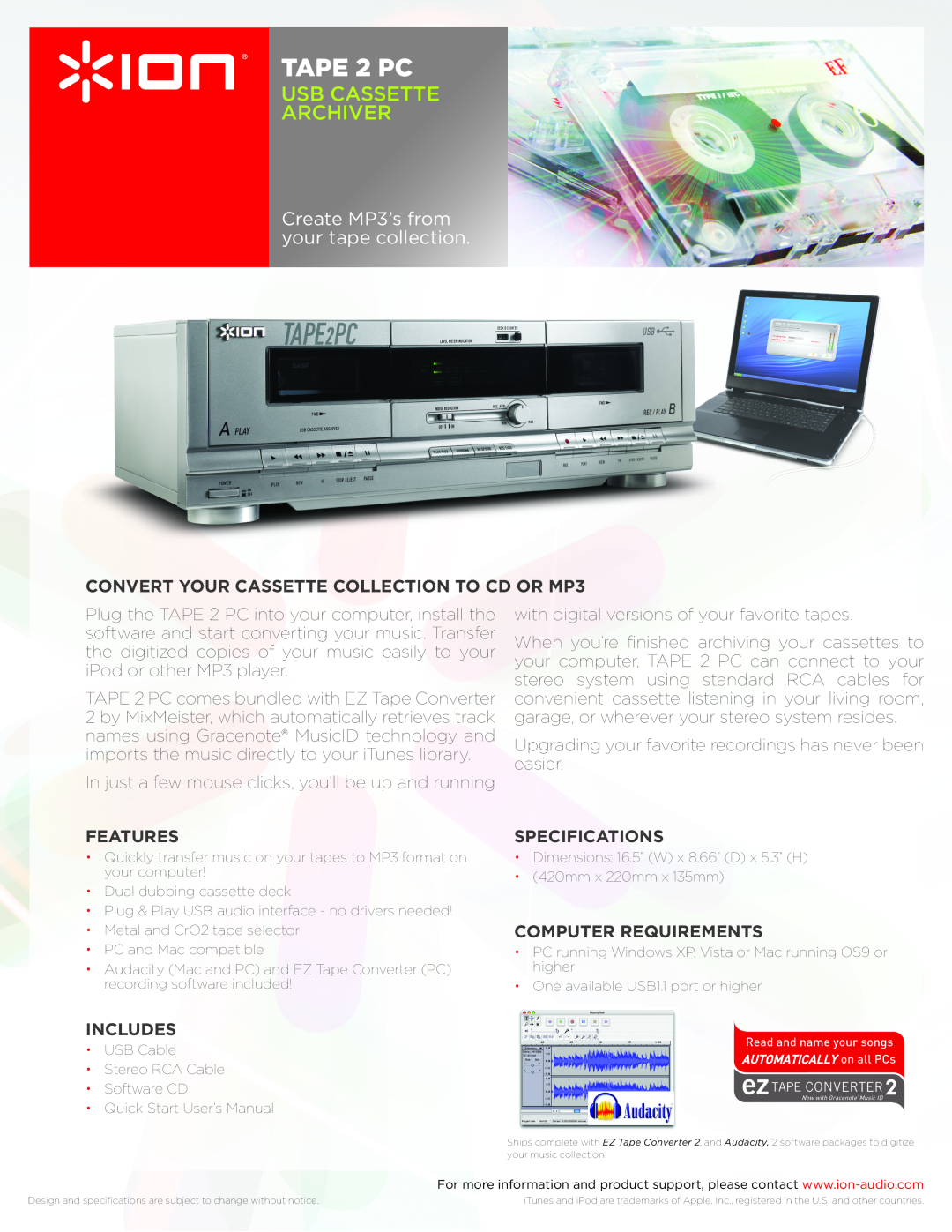 ION TAPE2PC specifications TAPE 2 PC, USB CASSETTE archiver, Create MP3’s from your tape collection, Features, Includes 