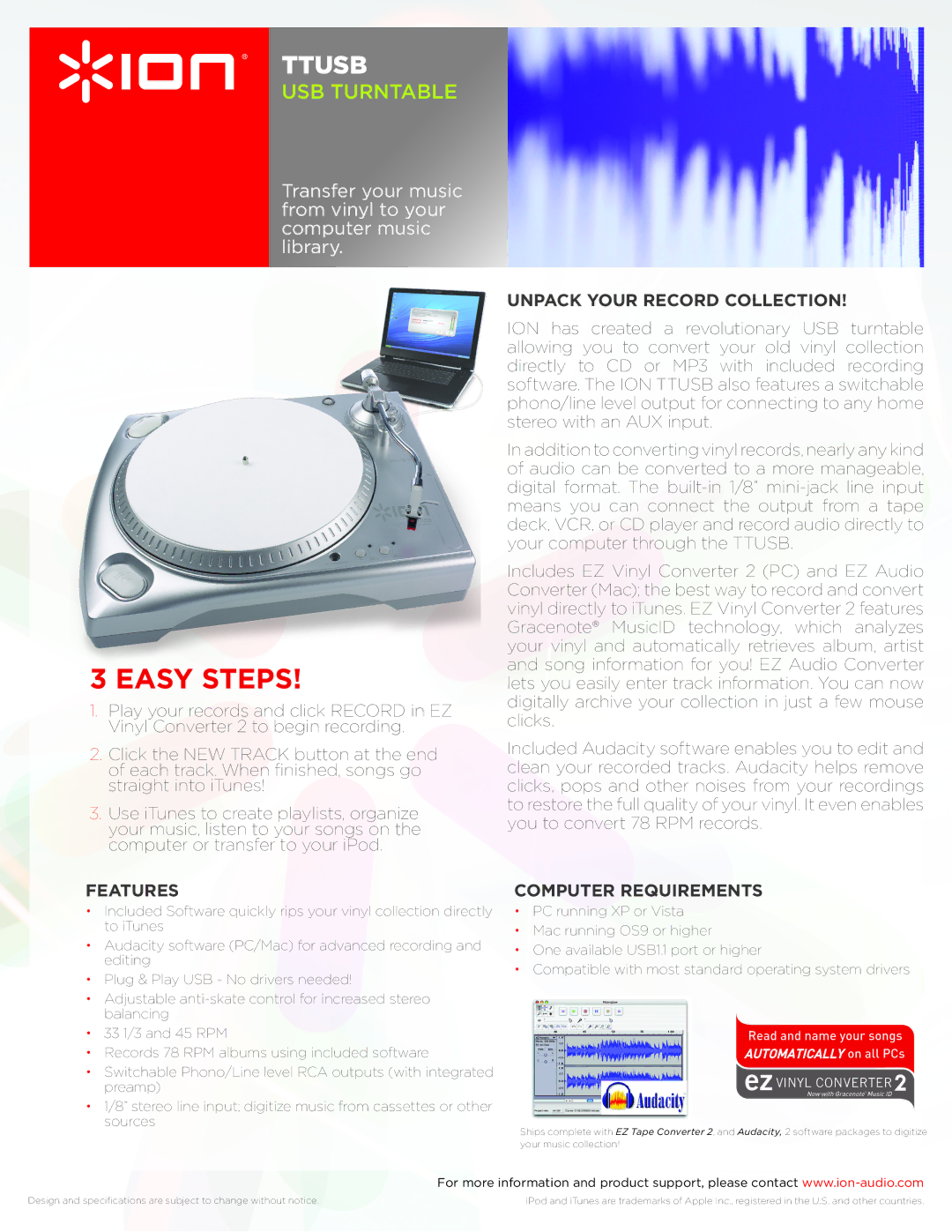 ION TTUSB specifications Easy steps, Features, Unpack your record collection, Computer Requirements 