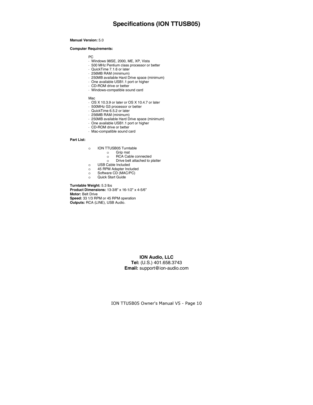 ION TTUSB05 quick start Manual Version Computer Requirements, Part List, Turntable Weight 5.3 lbs 