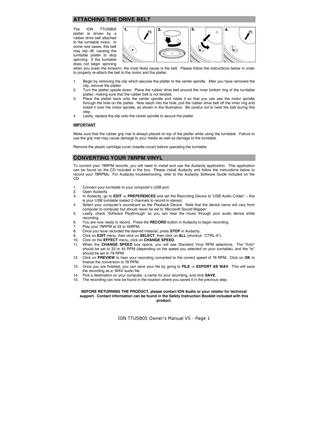 ION TTUSB05 quick start Attaching the Drive Belt 