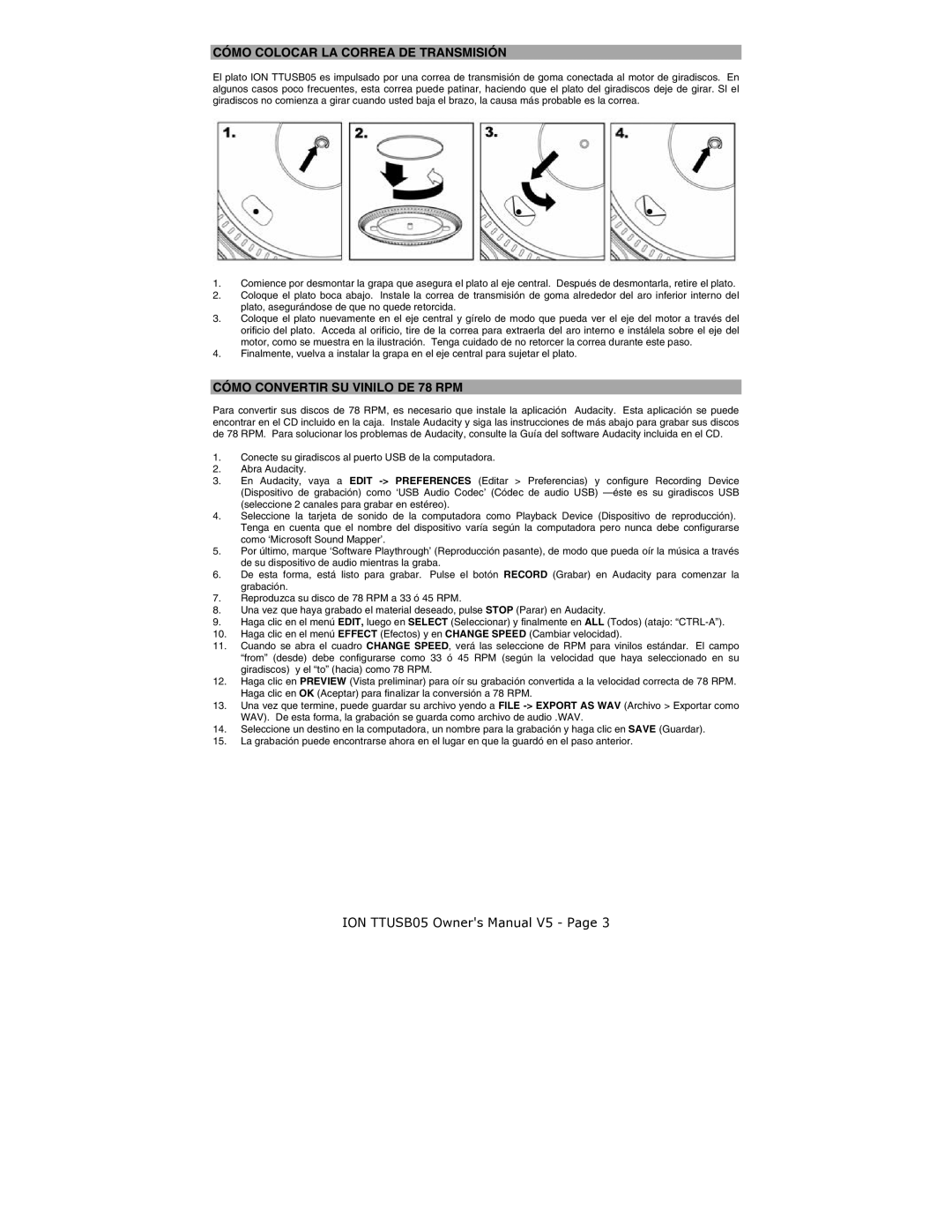 ION TTUSB05 quick start Cómo Colocar LA Correa DE Transmisión, Cómo Convertir SU Vinilo DE 78 RPM 