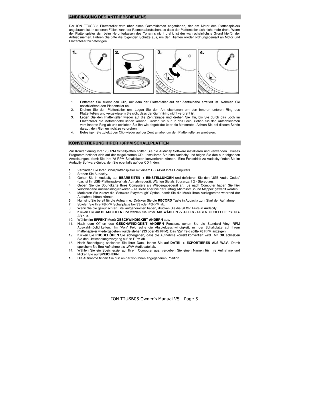 ION TTUSB05 quick start Anbringung DES Antriebsriemens, Konvertierung Ihrer 78RPM Schallplatten 