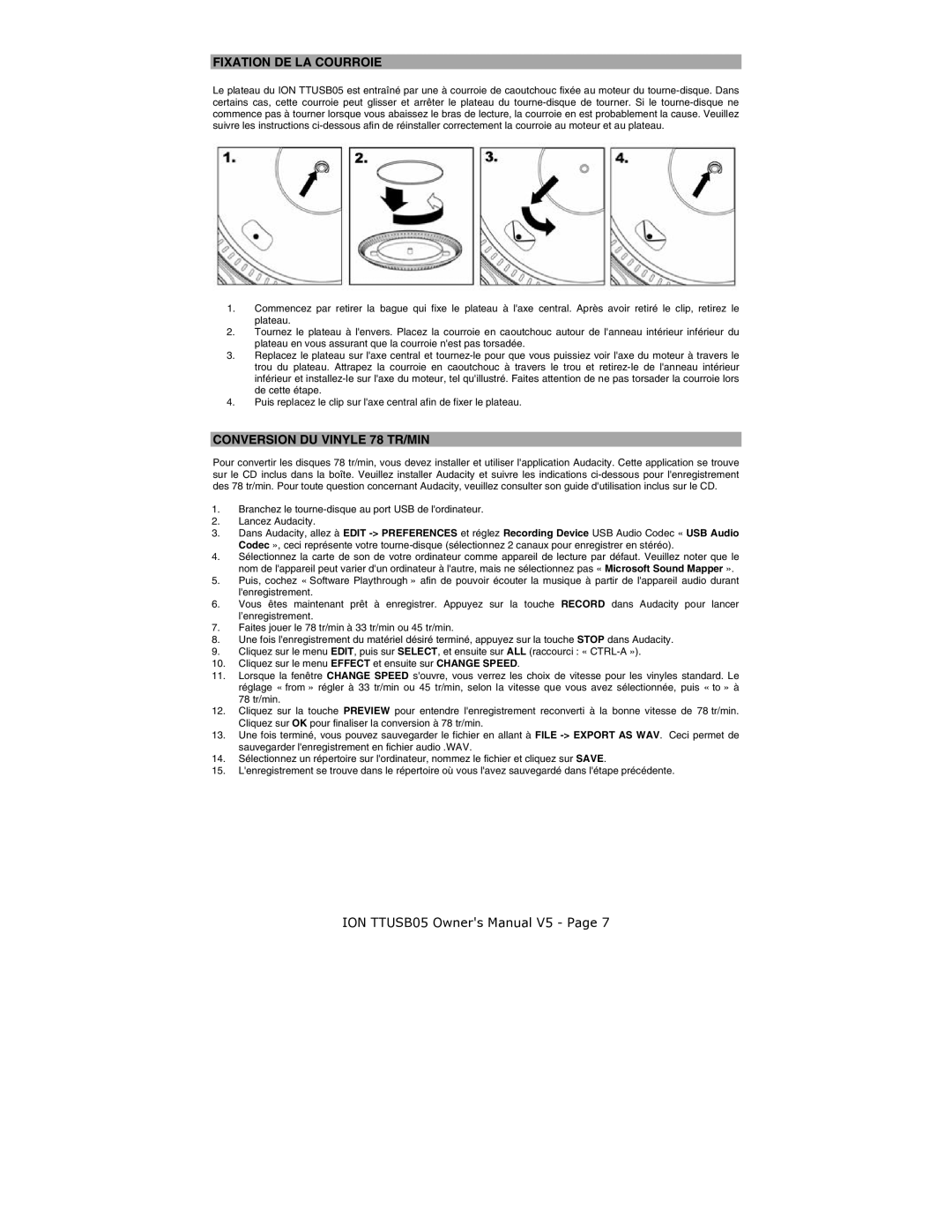 ION TTUSB05 quick start Fixation DE LA Courroie, Conversion DU Vinyle 78 TR/MIN 