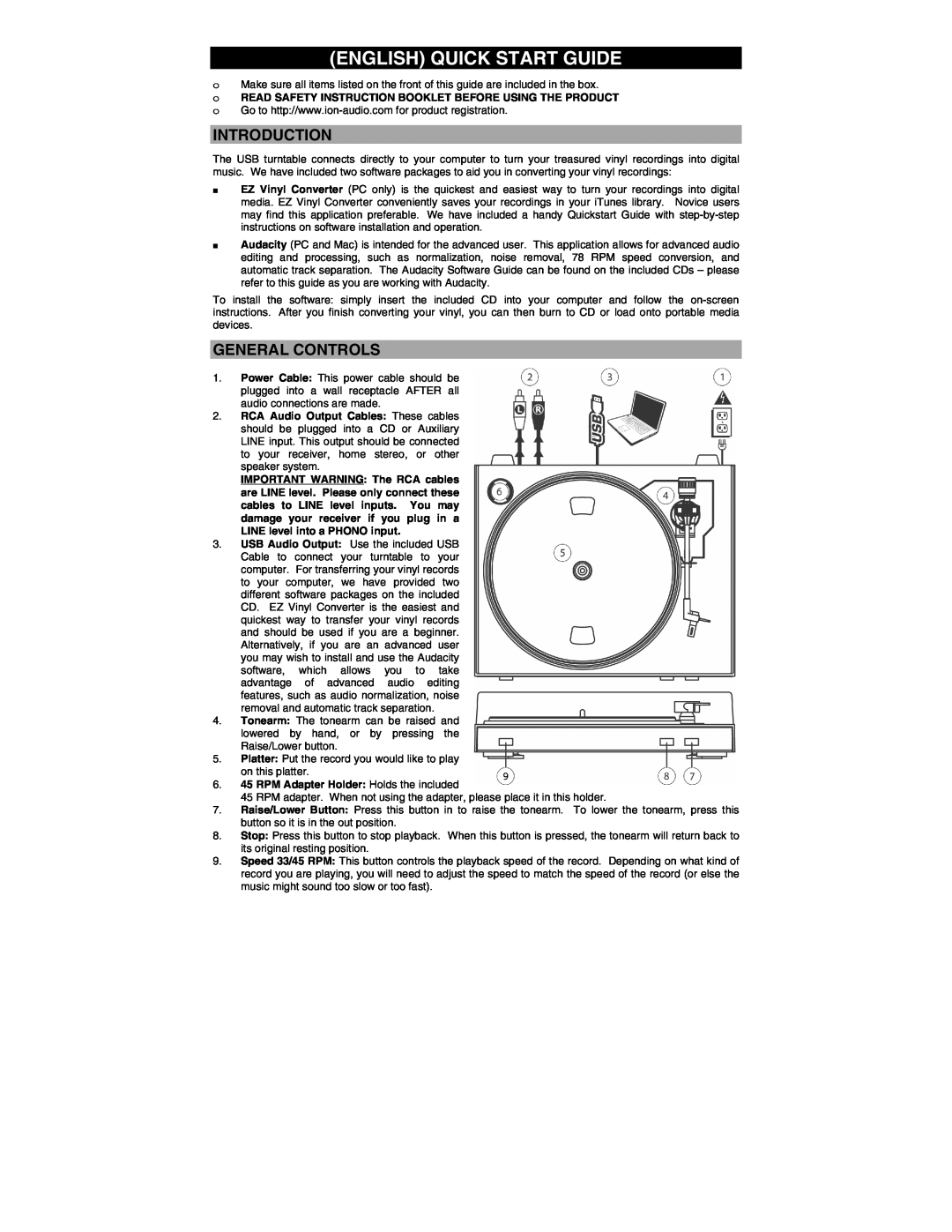 ION TTUSB05 quick start English Quick Start Guide, Introduction, General Controls 