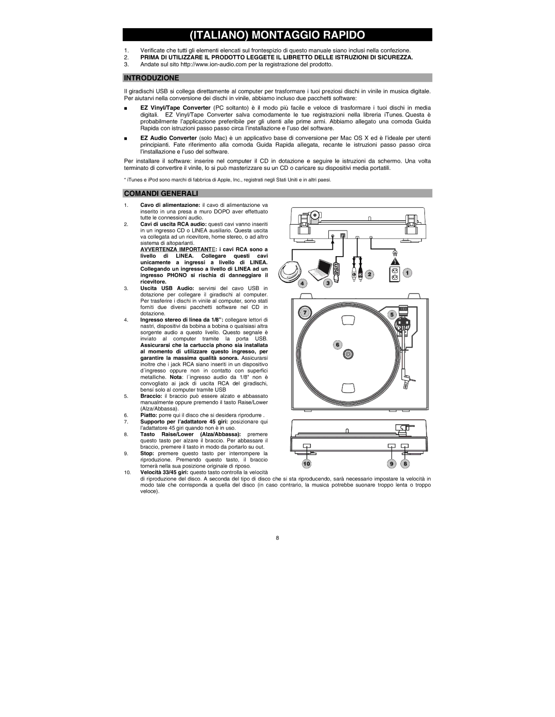 ION TTUSB05XL quick start Italiano Montaggio Rapido, Introduzione, Comandi Generali 