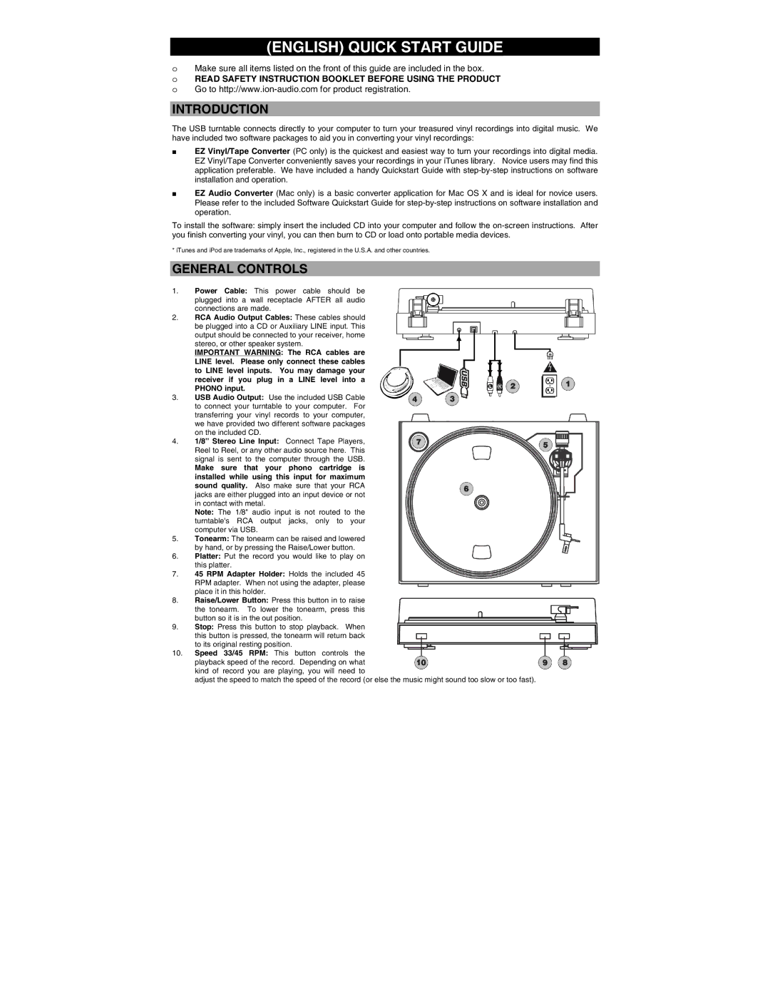 ION TTUSB05XL quick start English Quick Start Guide, Introduction, General Controls 