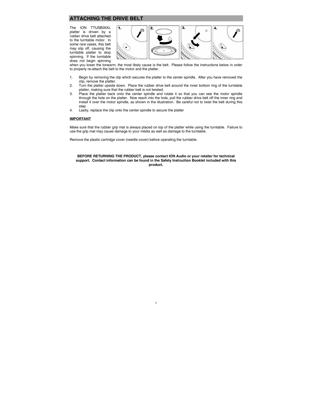 ION TTUSB05XL quick start Attaching the Drive Belt 