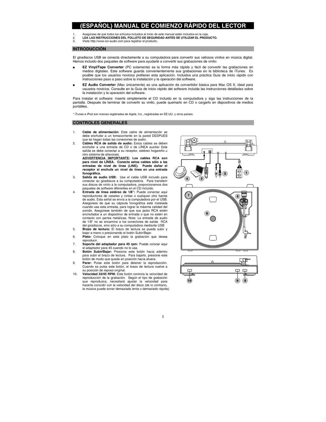 ION TTUSB05XL quick start Introducción, Controles Generales 