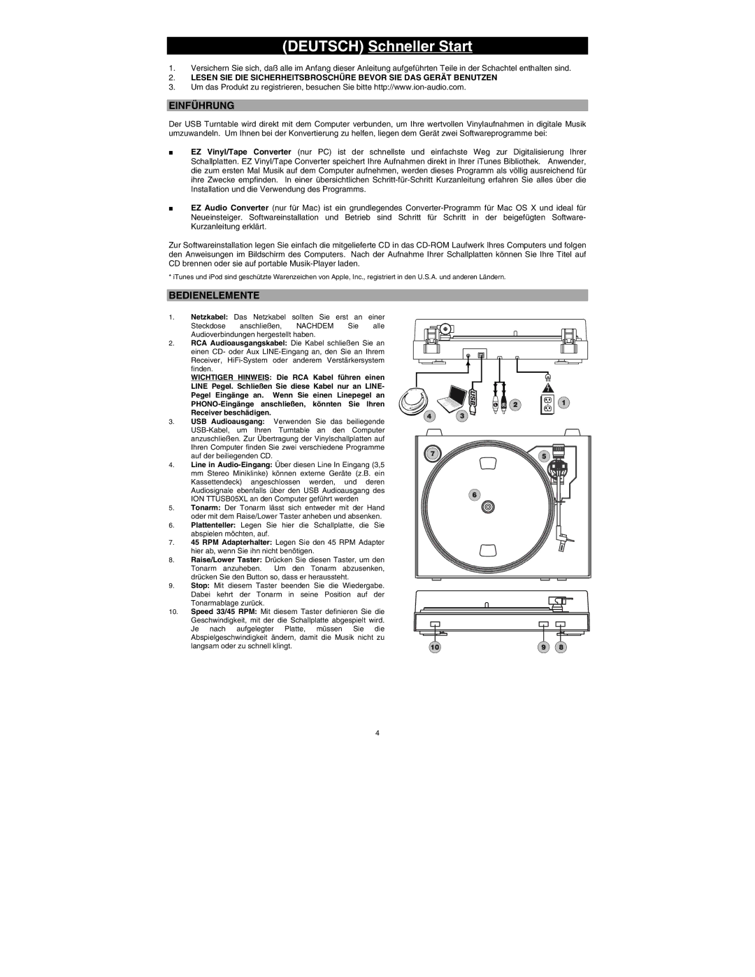 ION TTUSB05XL quick start Einführung, Bedienelemente 