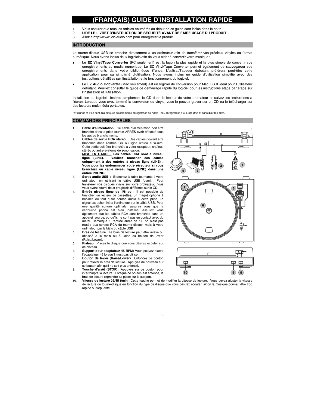 ION TTUSB05XL quick start Français Guide D’INSTALLATION Rapide, Introduction, Commandes Principales 