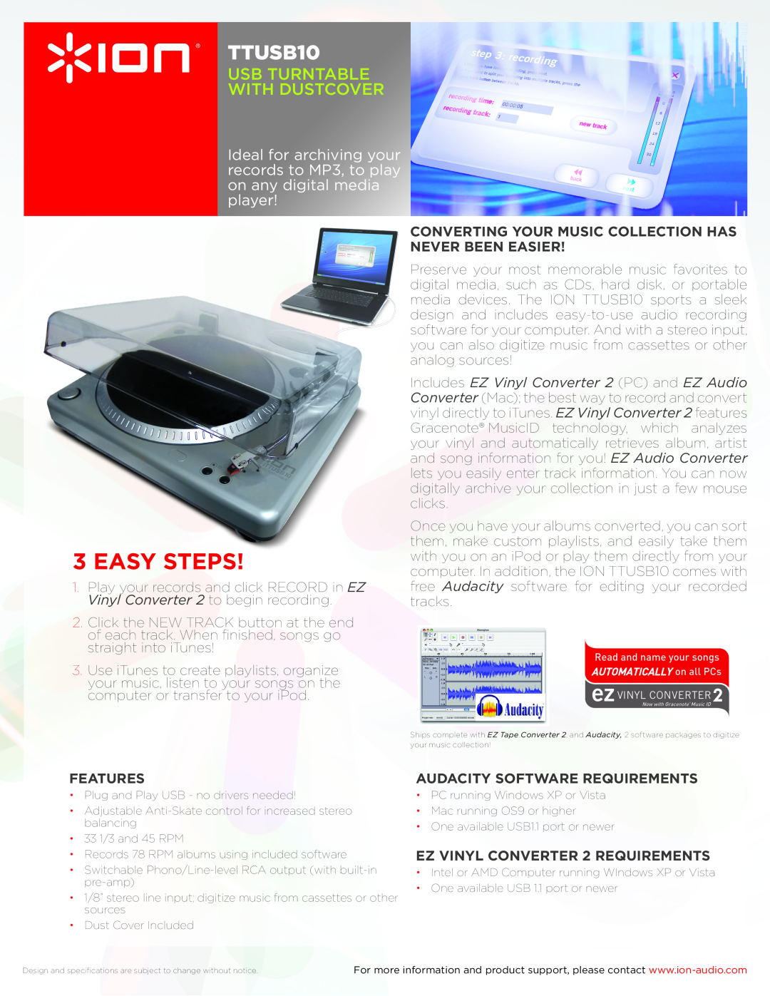 ION TTUSB10 specifications easy steps, usb turntable with dustcover, features, Audacity Software Requirements 