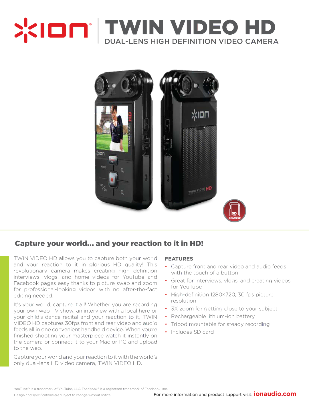 ION TWIN VIDEO HD specifications Twin Video HD, Capture your world... and your reaction to it in hd, Features 