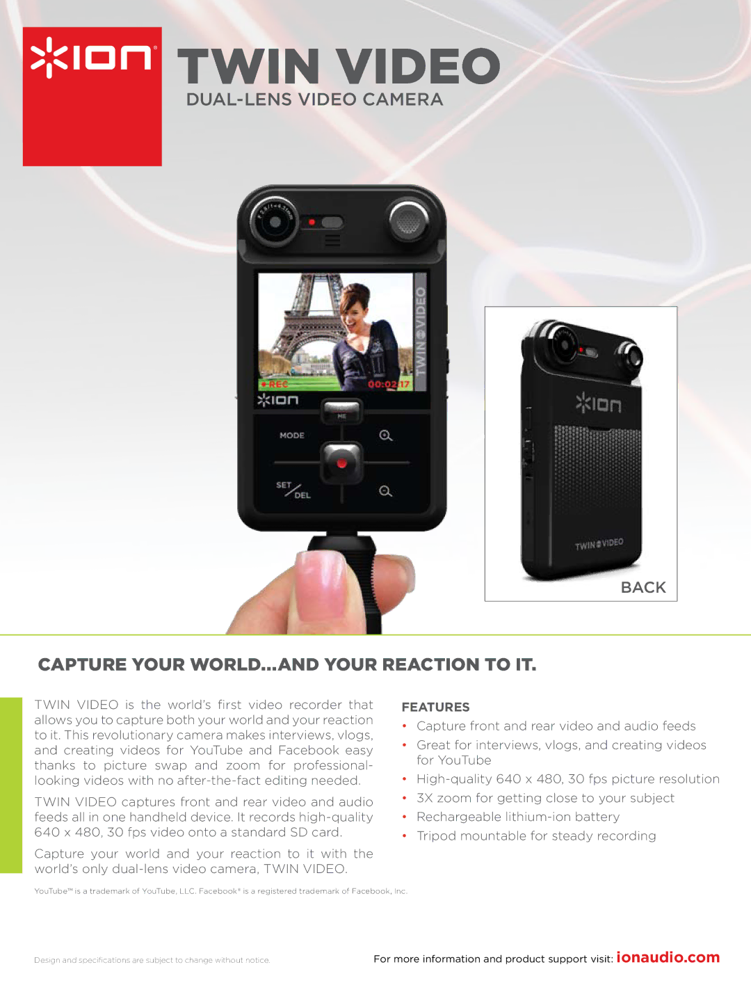 ION TWIN VIDEO specifications Twin Video, Capture Your WORLD...AND Your Reaction to IT, Features 