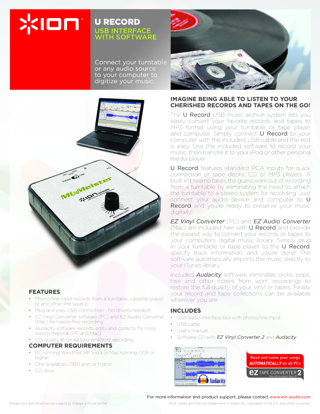 ION USB Interface specifications Record, Usb interface with software, Features, Computer Requirements, Includes 