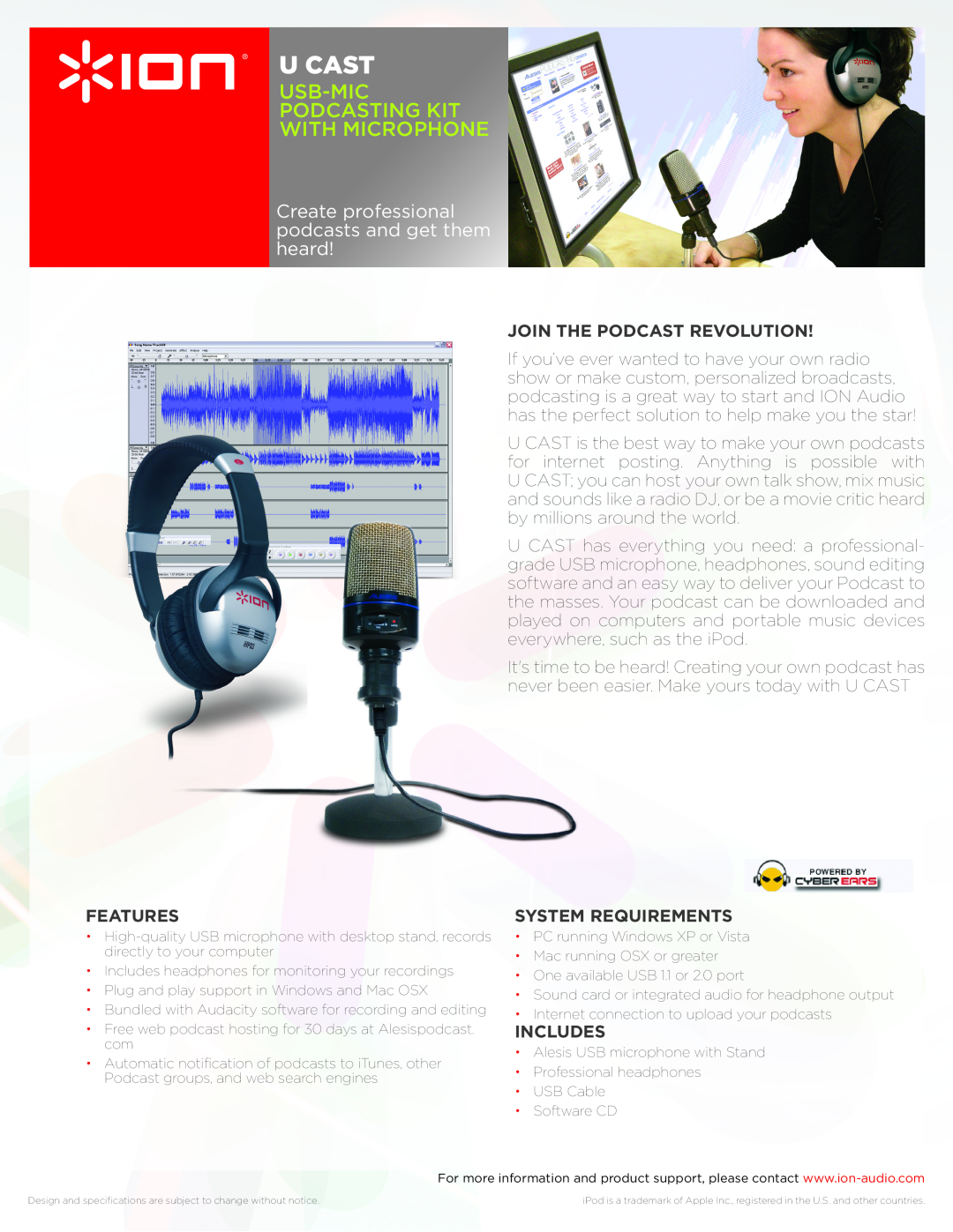 ION USB MIC Podcasting Kit With Microphone specifications U Cast, USB-Micpodcasting kit with microphone, Features 
