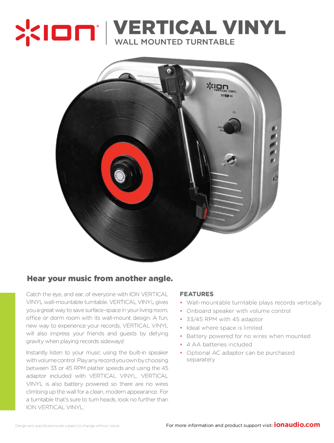 ION VERTICAL VINYL specifications Vertical Vinyl, Hear your music from another angle, Features 