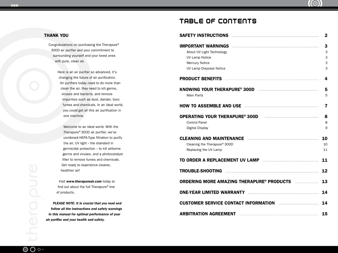 Ionic Pro 1040808, TP 300D manual Table of contents 