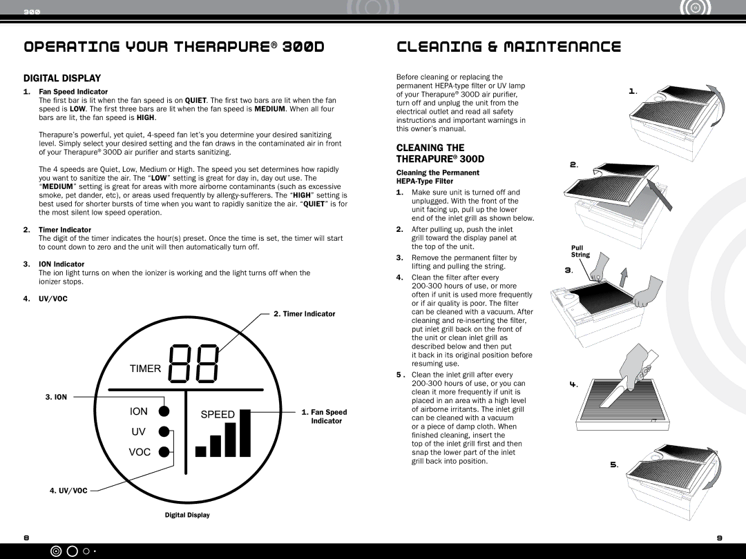 Ionic Pro 1040808, TP 300D manual Cleaning & maintenance, Digital Display, Cleaning Therapure 300D, Uv/Voc 