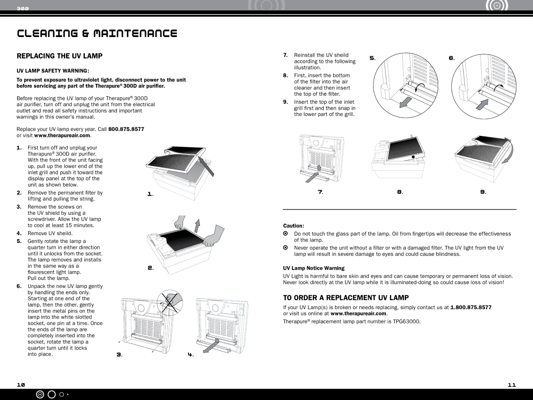 Ionic Pro TP 300D, 1040808 manual Replacing the UV lamp, To Order a Replacement UV Lamp, UV Lamp Safety Warning 