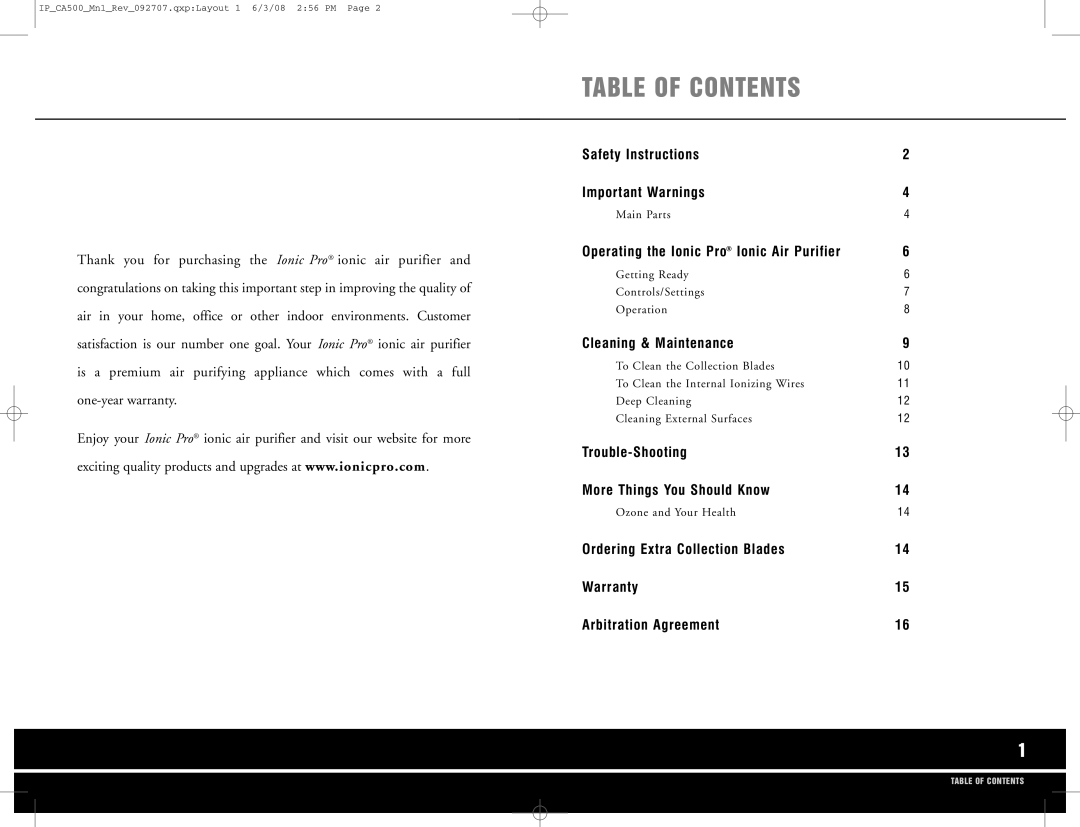 Ionic Pro CA500 Table of Cont Ents, Safety Instructions Important Warnings, Opera ting the Ionic Pro Ion ic Air Purif ier 