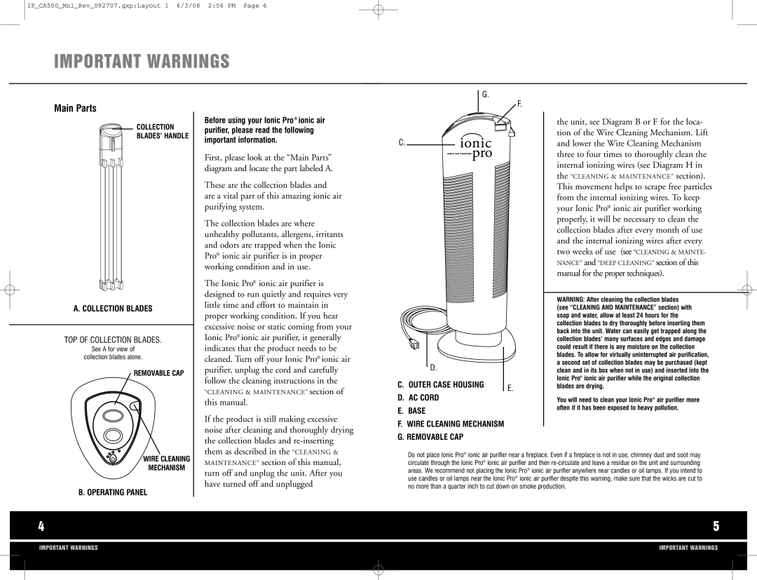 Ionic Pro CA500 manual Import ANT Warnings, Main Parts 