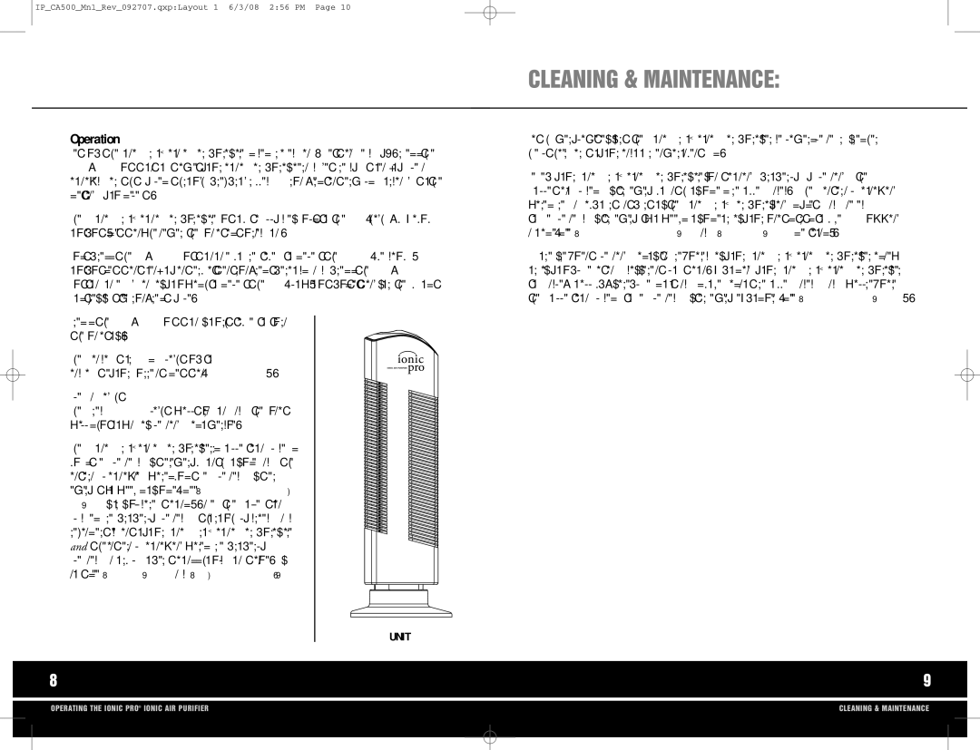 Ionic Pro CA500 manual Cleaning & Maintenance, Operation 