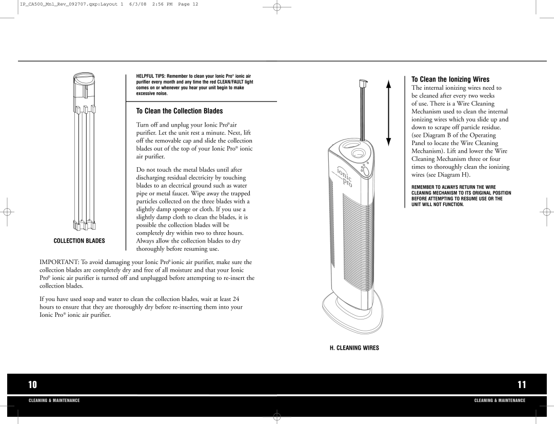 Ionic Pro CA500 manual To Clean the Collection Blades, To Clean the Ionizing Wires 