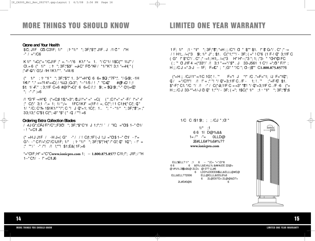 Ionic Pro CA500 manual More Thing S YOU Shoul D KNO W LIM Ited ONE Year Warranty, Ozone and Your Health 