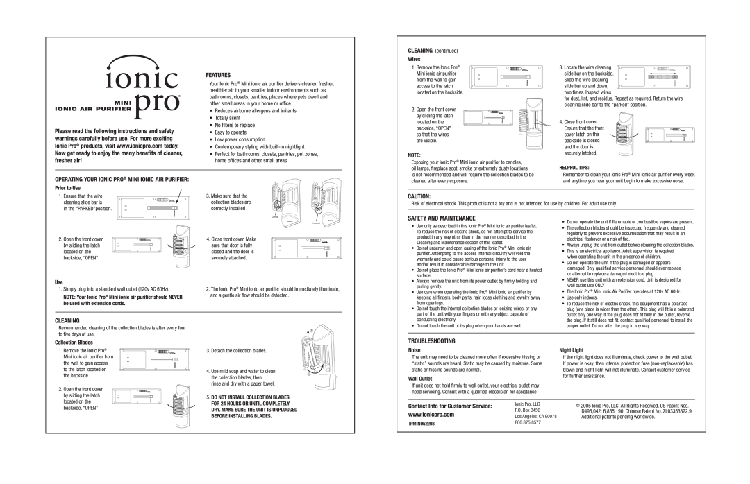 Ionic Pro IPMIN052208 manual Ionic Pro, LLC, P.O. Box, 800.875.8577, Los Angeles, CA 