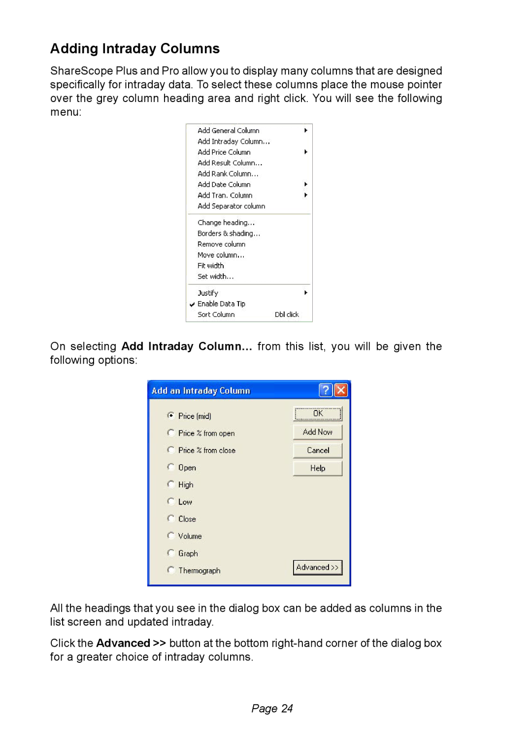 Ionic Pro Pro, Plus manual Adding Intraday Columns 