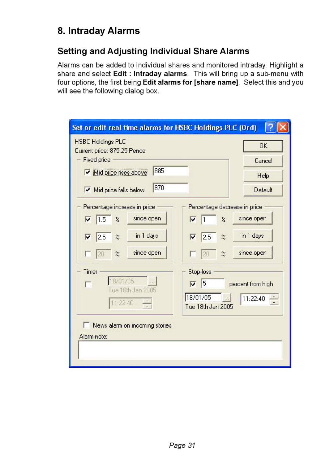 Ionic Pro Plus, Pro manual Intraday Alarms, Setting and Adjusting Individual Share Alarms 