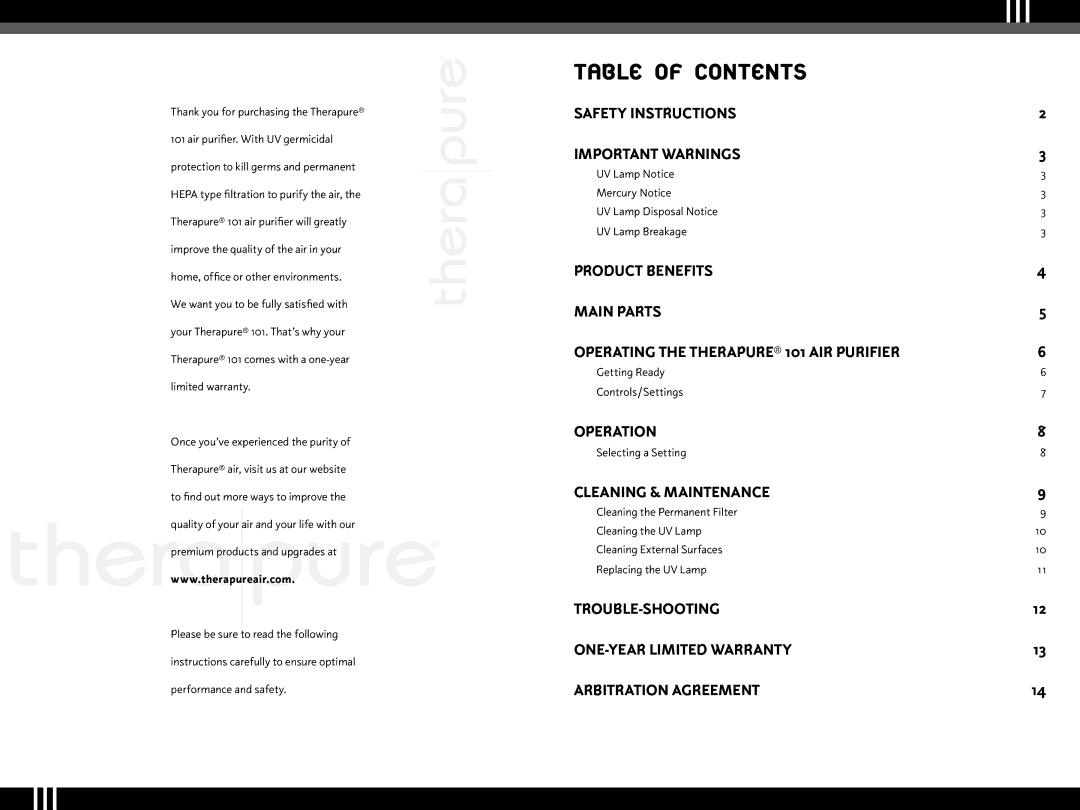 Ionic Pro TP101M manual Table of contents 