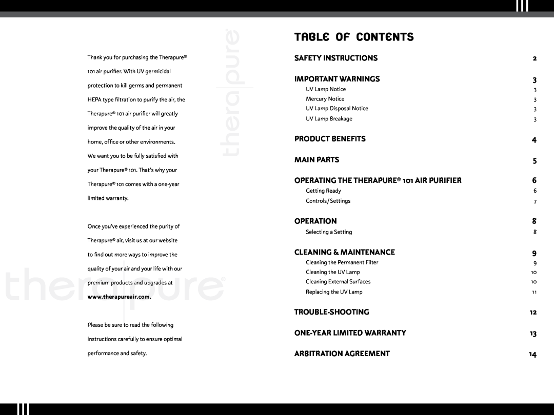 Ionic Pro TP101M manual table of contents 