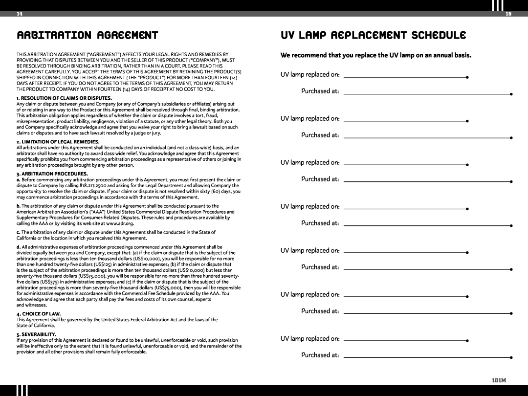Ionic Pro TP101M arbitration agreement, UV Lamp Replacement Schedule, UV lamp replaced on Purchased at, Choice Of Law 