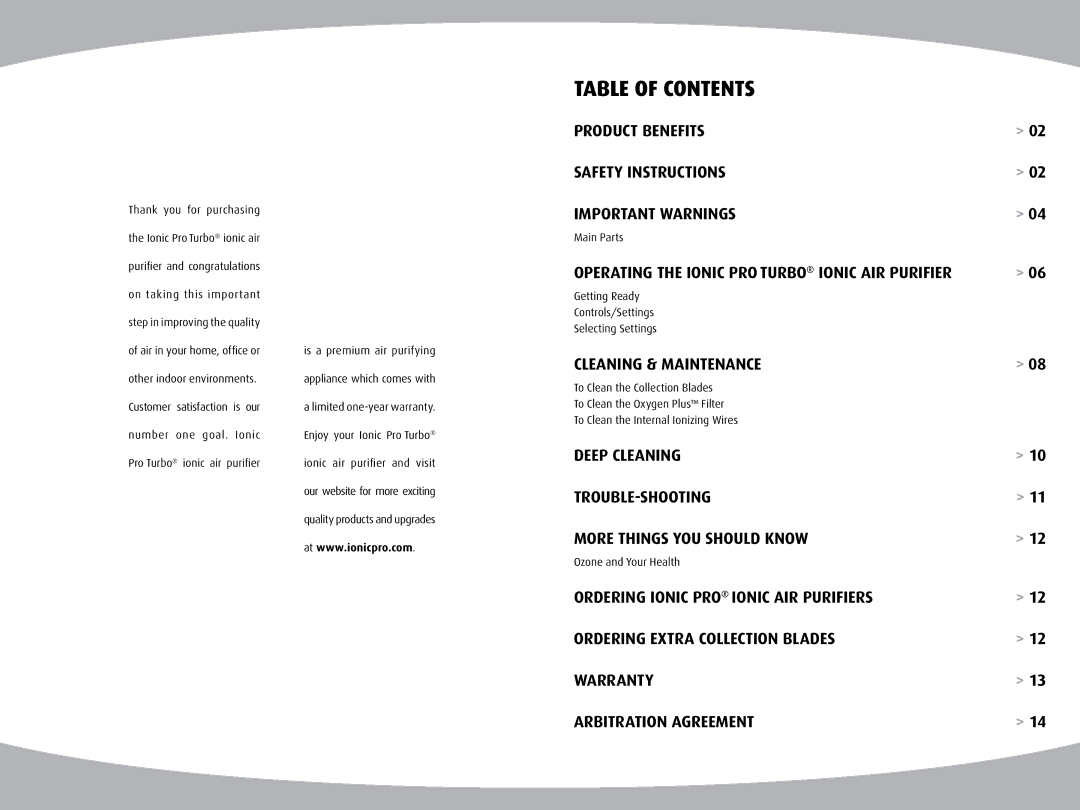 Ionic Pro TURBO manual Table of Contents 