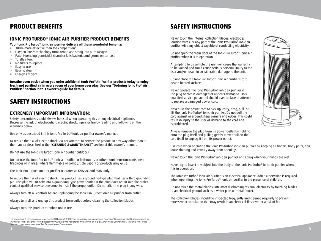 Ionic Pro TURBO manual Product Benefits, Safety instructions, Safety Instructions, Extremely Important Information 