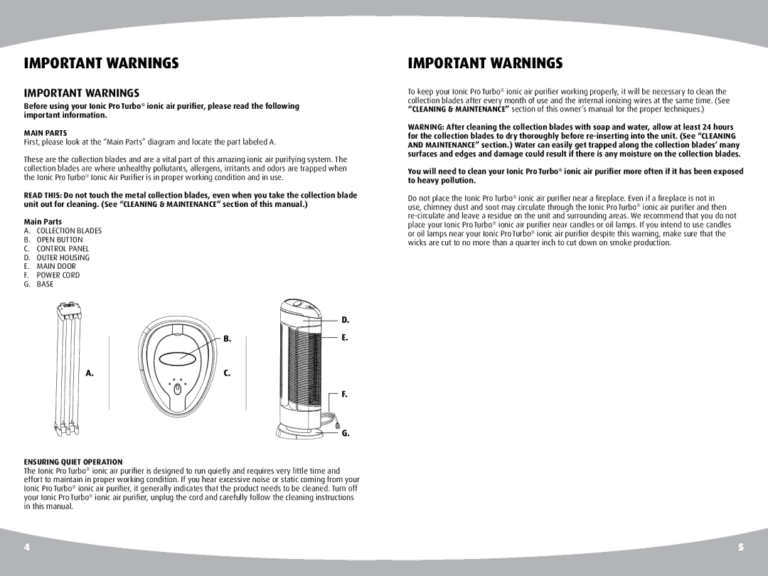 Ionic Pro TURBO manual Important Warnings, Ensuring Quiet Operation 