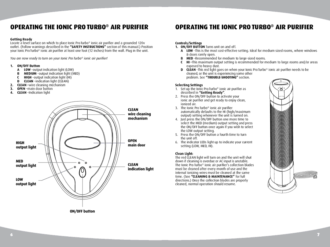 Ionic Pro TURBO manual Operating the Ionic Pro Turbo AIR Purifier, Getting Ready, ON/OFF Button, Clean Light 